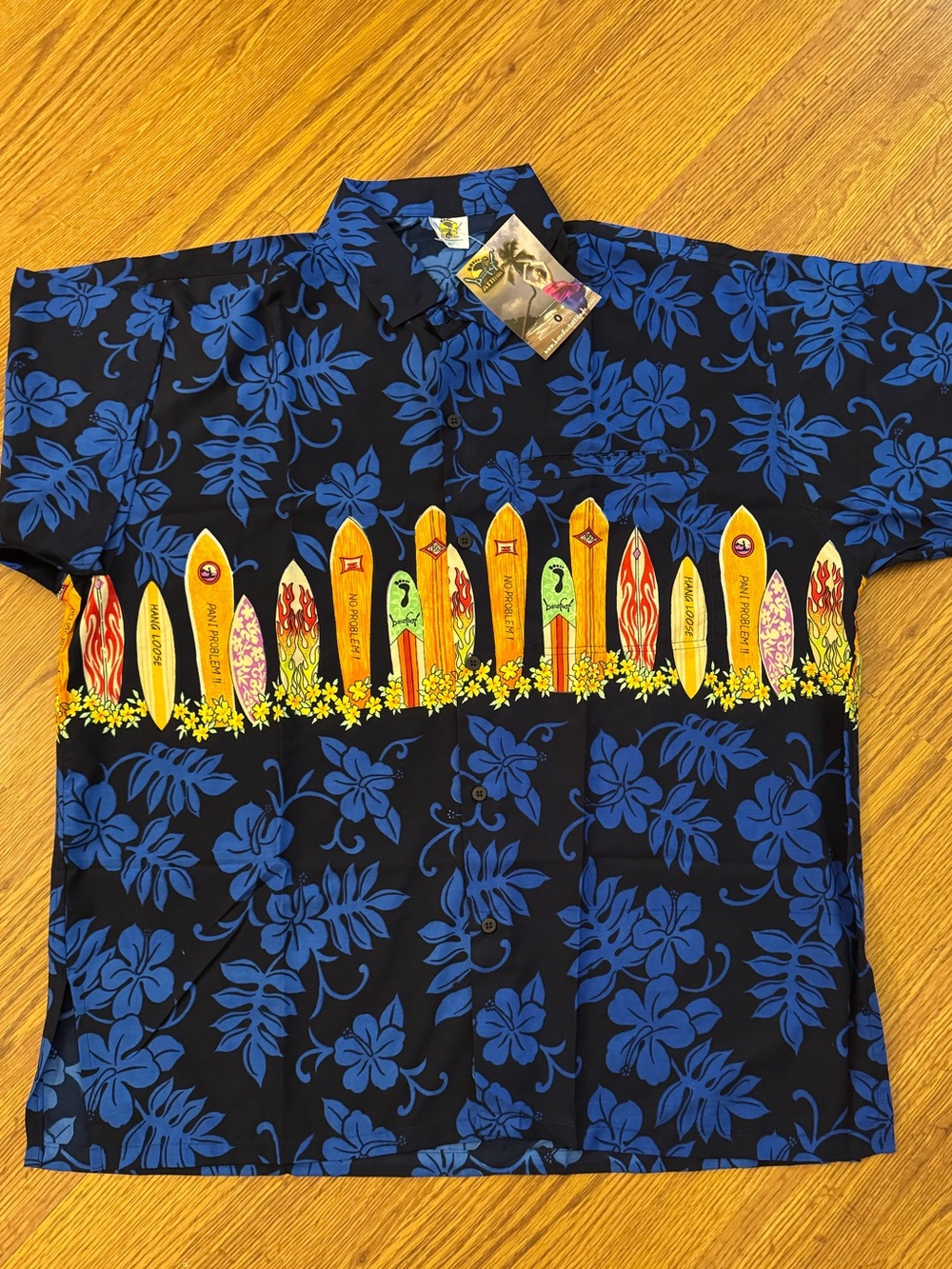 NWT Barefoot Attitude Surfboard Hawaiian Shirt Mens Large Blue Aloha